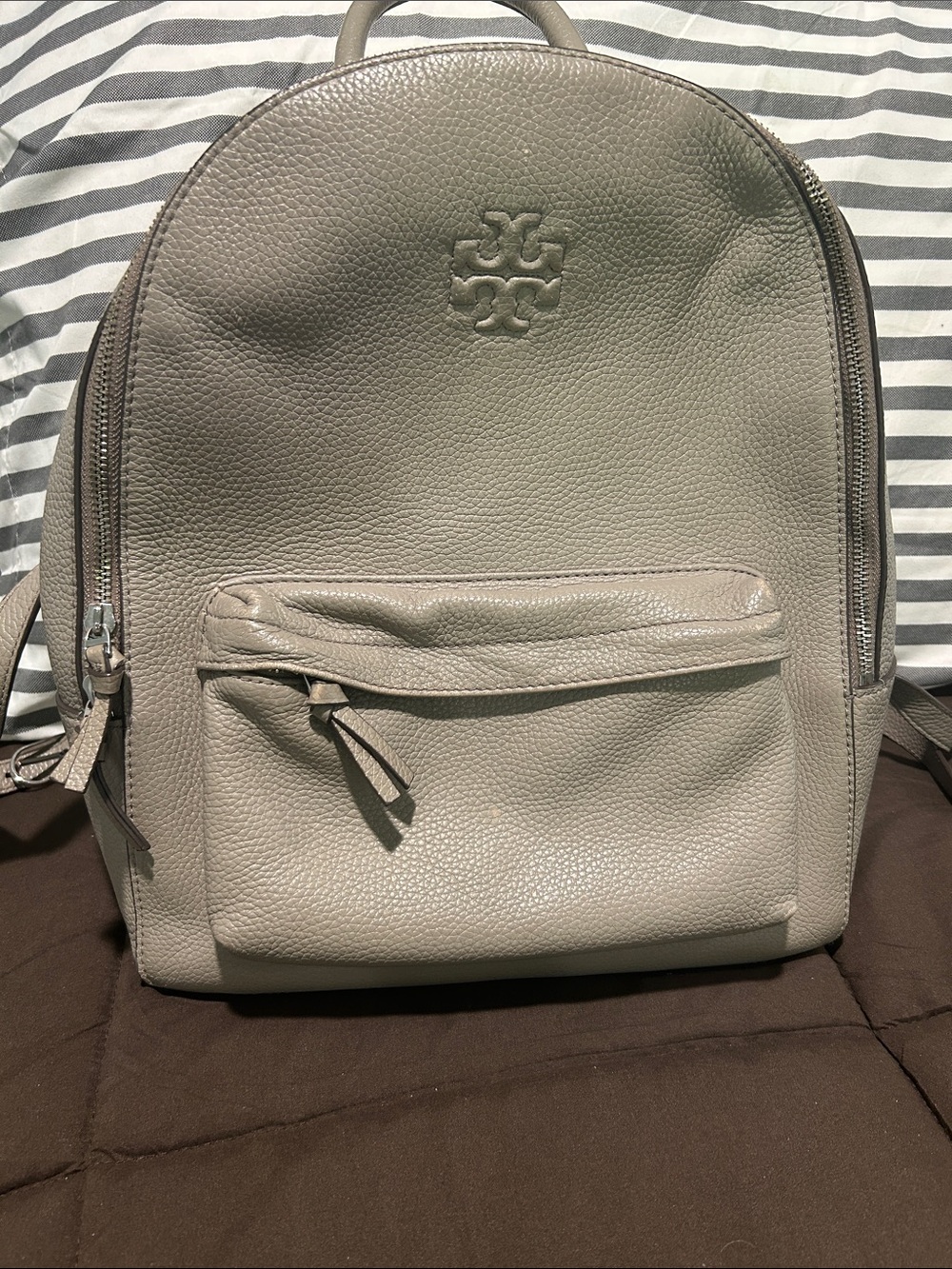 Tory Burch Light Grey Pebbled Leather Backpack